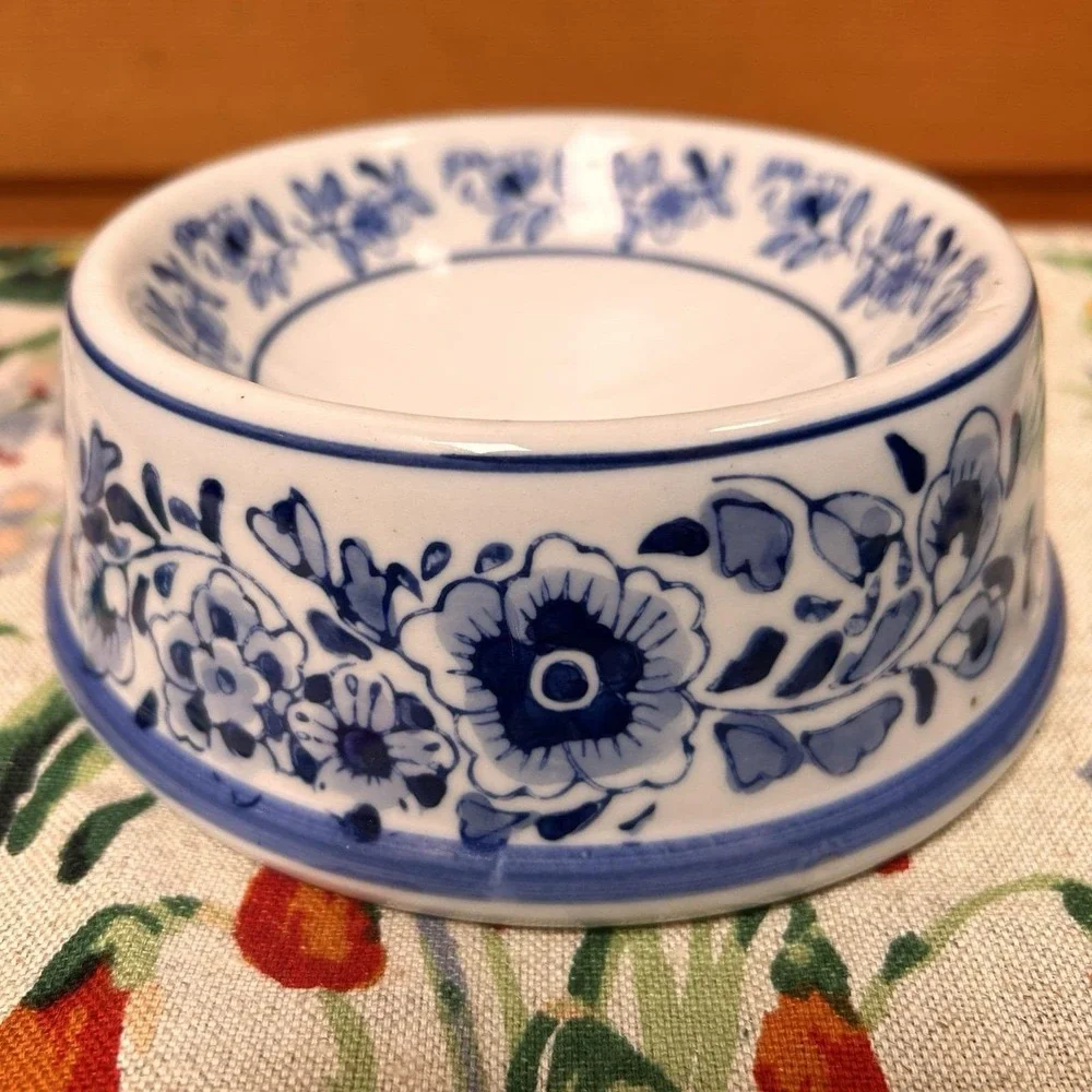 VTG Blue/White Chinoiserie Ceramic Cat Small Dog Pet Food Bowl Dish Grandma Chic
